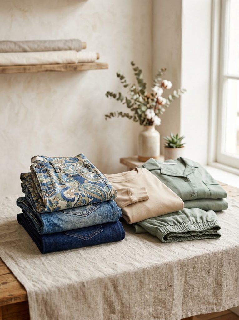 Folded wholesale denim, long sleeves and lounge sets