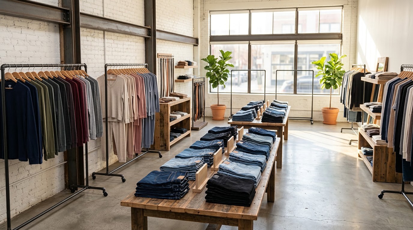 Renuviq apparel wholesale showroom with denim lots and lounge sets