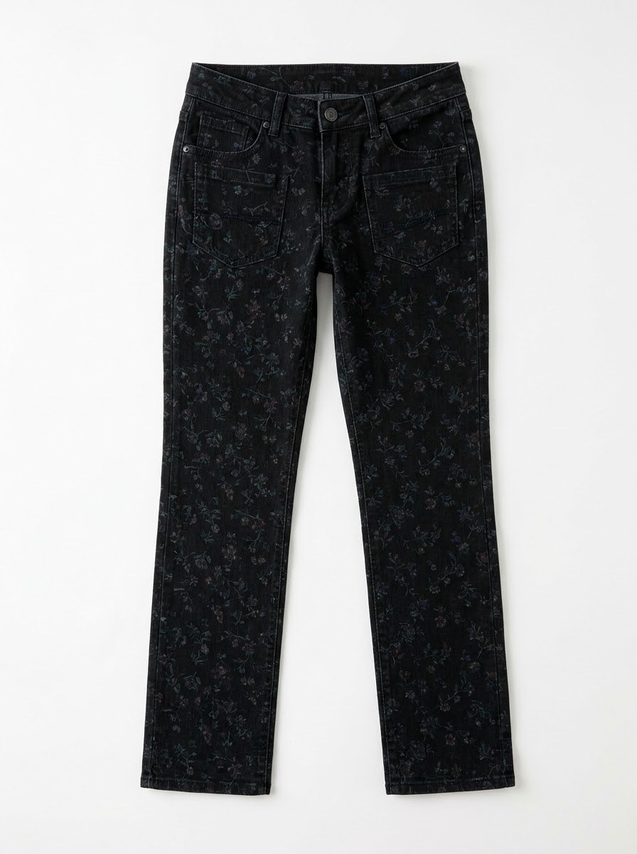 Printed Low-Rise Jeans — Black Floral