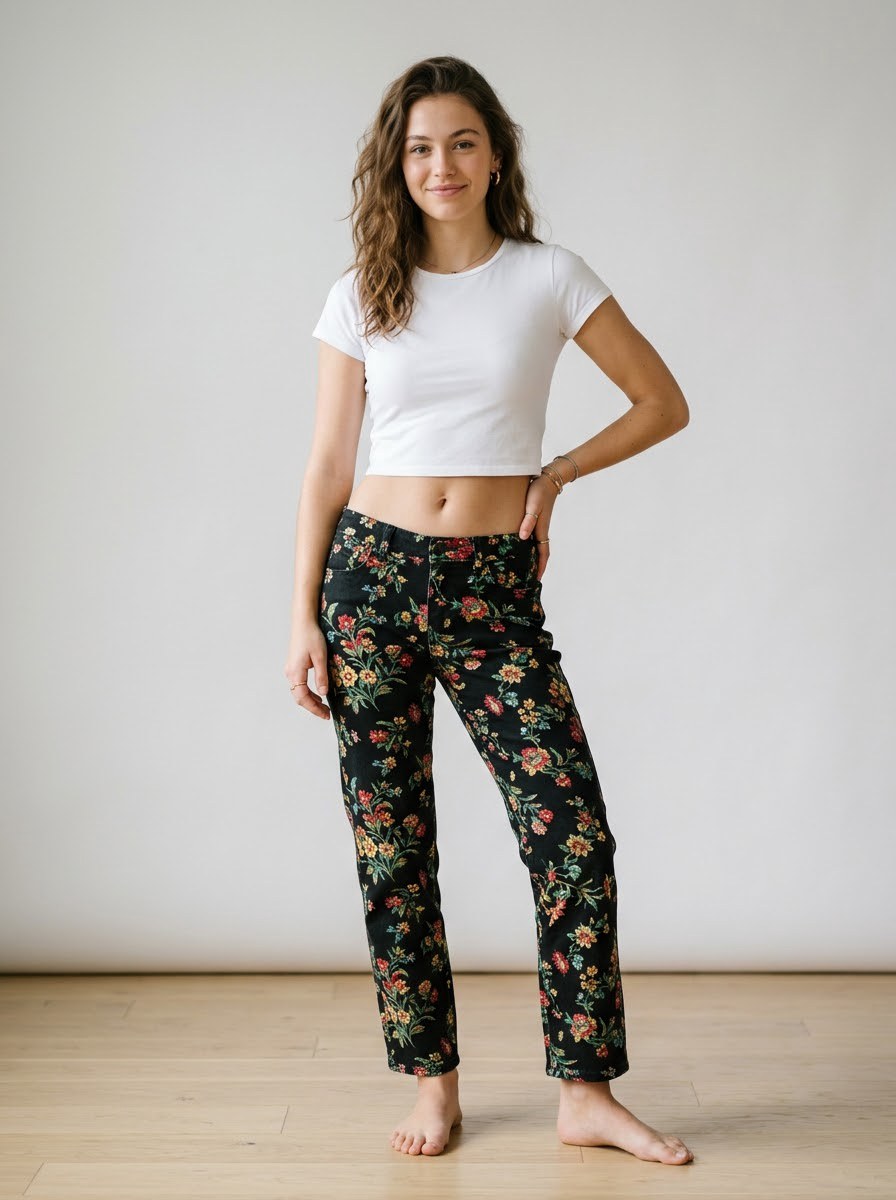 Printed Low-Rise Jeans — Black Floral - Image 2