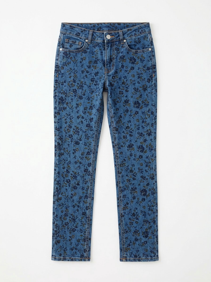 Printed Low-Rise Jeans — Navy Floral